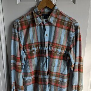 Vintage Land's End flagship flannel, light blue & brown, medium 15"-15.5"